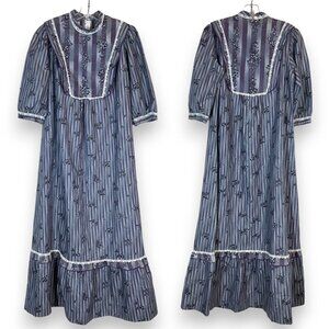 Vintage Andrade Victorian Maxi Dress USA Lace Striped Floral Purple Gray 70s XL